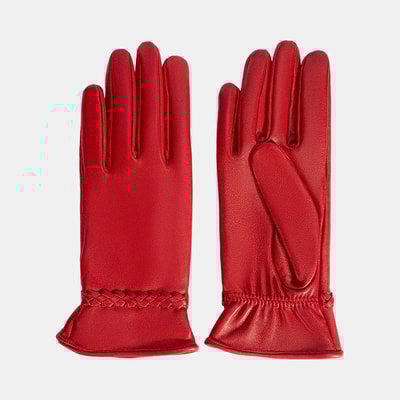 Kırmızı Kadın Örgülü Deri Eldiven