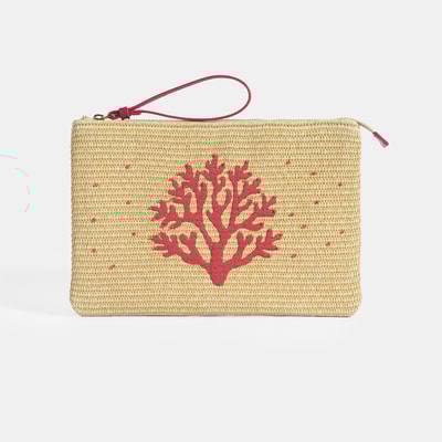 Kırmızı Mercan Nakışlı Hasır Clutch