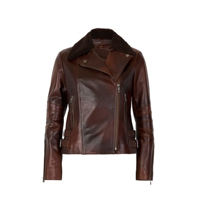 Klavine Kahve Kürk Yakalı Kadın Deri Ceket