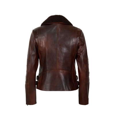 Klavine Kahve Kürk Yakalı Kadın Deri Ceket