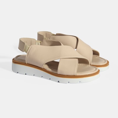 Krem Kadın Lastik Bantlı Deri Sandalet