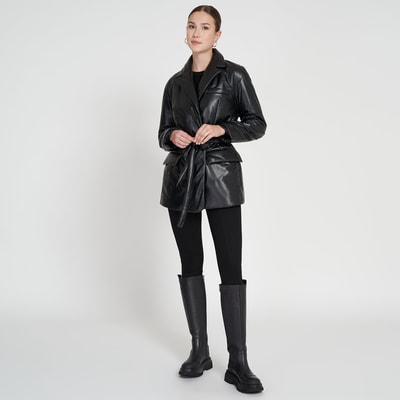 Lena Siyah Kadın Puffer Deri Kaban