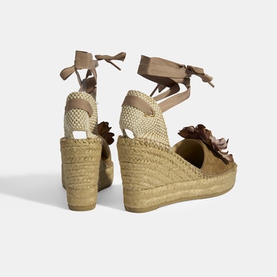 Limited Edition Bej Kadın Çiçek Aksesuarlı Jüt Bağcıklı Dolgu Topuklu Süet Espadril