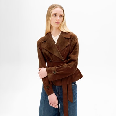 Limited Edition Kadın Taba Belden Bağlamalı Süet Kısa Trençkot