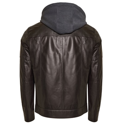Luigi Kahve Erkek Deri Kapüşonlu Mont