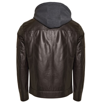 Luigi Kahve Erkek Deri Kapüşonlu Mont