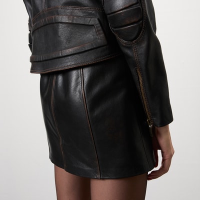 Meline Kahve Kadın Deri Biker Ceket