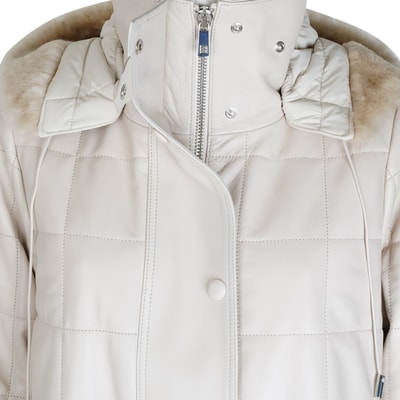 Mita Krem Kadın Kapüşonlu Deri Puffer Kaban