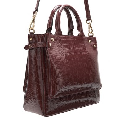 Plante Bordo Kadın Kroko Baskılı Deri El Çantası