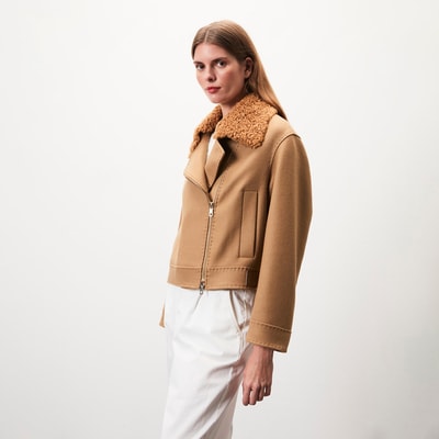 Rigella Kahve Yakası Kürklü Kadın Biker Ceket