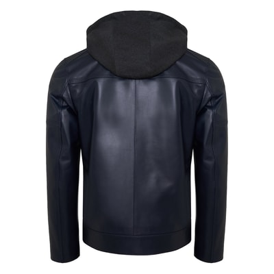 Selino Lacivert Erkek Kapüşonlü Deri Mont