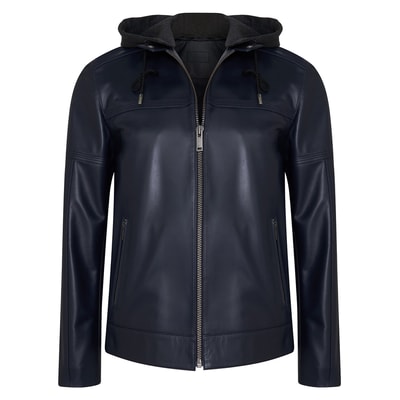 Selino Lacivert Erkek Kapüşonlü Deri Mont