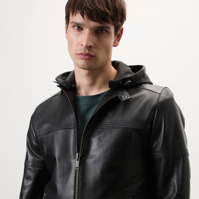 Selino Siyah Erkek Kapüşonlü Deri Mont