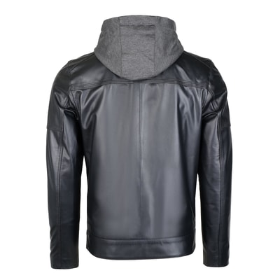 Selino Siyah Erkek Kapüşonlü Deri Mont