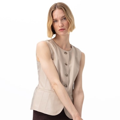Siena Bej Kadın Deri Keten Yelek/Bluz