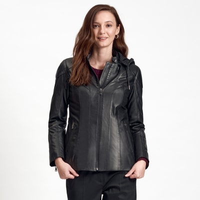 Siyah Dayra Kadın Deri Mont