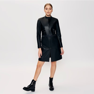 Siyah Kadın Deri Trençkot