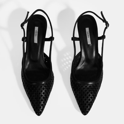 Siyah Kadın Perforeli Slingback Deri Topuklu Ayakkabı