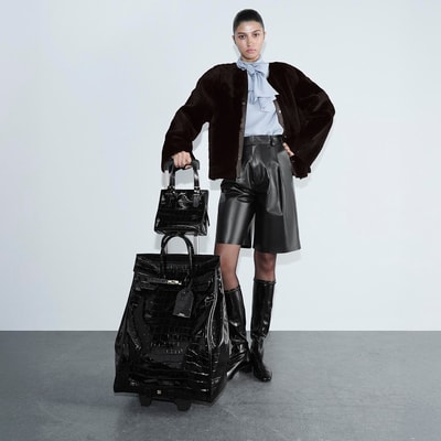 Siyah Kroko Baskılı Rugan Deri Kabin Valiz