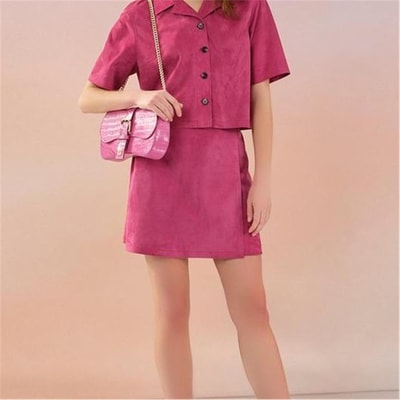 Tiberia Pembe Kadın Süet Deri Mini Etek