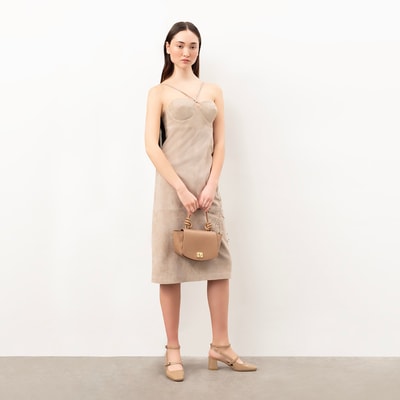 Verona Bej Kadın Nakışlı Süet Deri Elbise