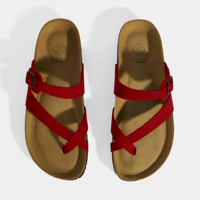 XXXKırmızı Kadın Toka Detaylı Parmak Arası Nubuk Terlik