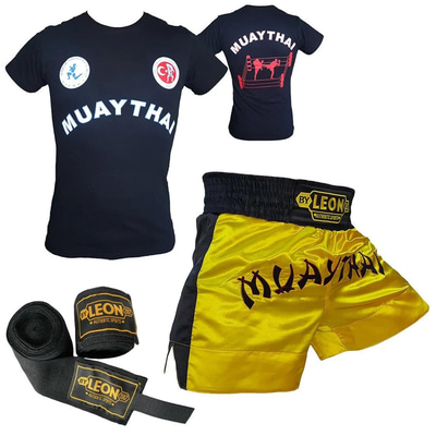 Leon Classic Muay Thai Şortu, Tişört ve Boks Bandajı Seti Sarı