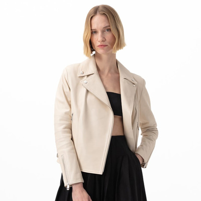 Adsilla Krem Kadın Deri Biker Ceket