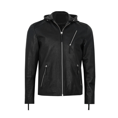 Aimone Siyah Erkek Kapüşonlu Deri Ceket