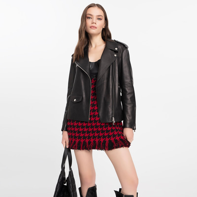 Akela Siyah Kadın Deri Biker Ceket