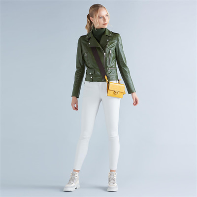 Aletta Yeşil Kadın Biker Deri Ceket