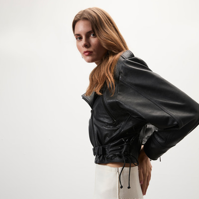 Allayna Siyah Kadın Deri Biker Ceket