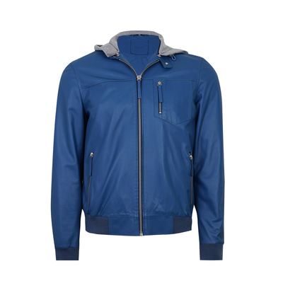 Also Mavi Erkek Kapüşonlu Deri Mont