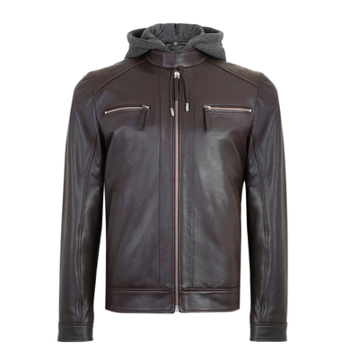 Analu Koyu Kahve Erkek Kapüşonlu Deri Mont