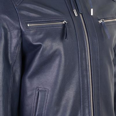 Analu Mavi Erkek Kapüşonlu Deri Mont