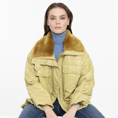 Auren Yeşil Kadın Deri Puffer Mont