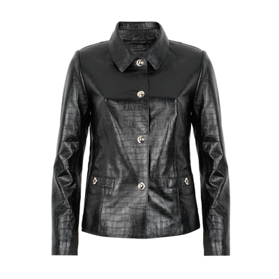 Ayita Siyah Kadın Kroko Baskılı Deri Ceket