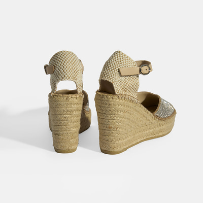 Bej Kadın Toka Aksesuarlı Taş Detaylı Dolgu Topuklu Süet Espadril