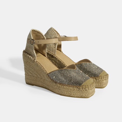 Bej Kadın Toka Aksesuarlı Taş Detaylı Dolgu Topuklu Süet Espadril