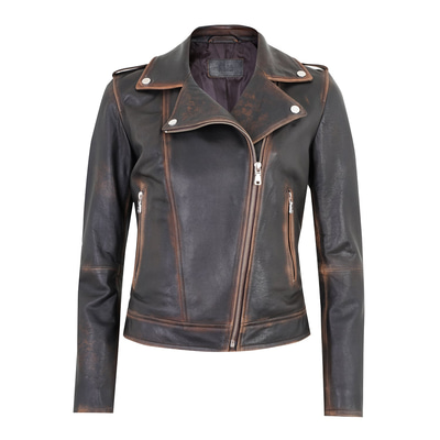 Benvolio Kahve Kadın Vintage Biker Deri Ceket