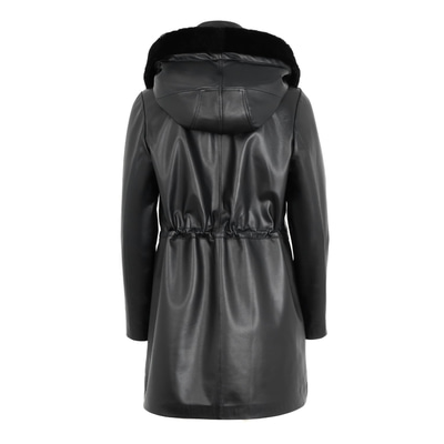 Biana Siyah Kadın Kapüşonlu Deri Kaban