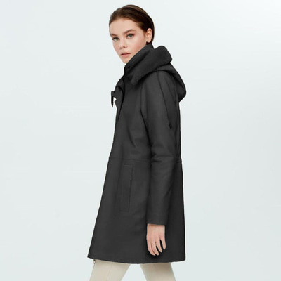 Biana Siyah Kadın Kapüşonlu Deri Kaban