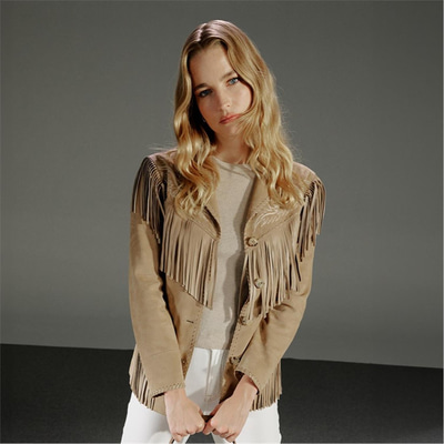 Breahne Bej Kadın Püsküllü Western Deri Ceket