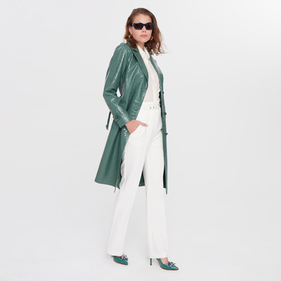 Briona Yeşil Kadın Kroko Baskılı Deri Trençkot