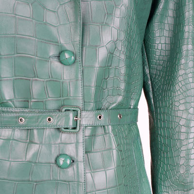 Briona Yeşil Kadın Kroko Baskılı Deri Trençkot