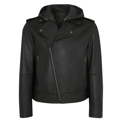 Bryan Siyah Erkek Kapüşonlu Deri Biker Ceket