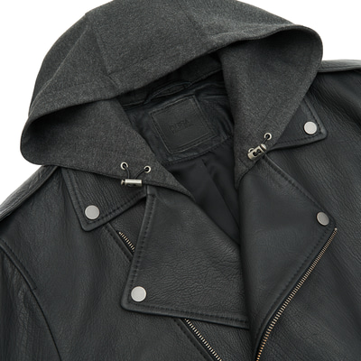 Bryan Siyah Erkek Kapüşonlu Deri Biker Ceket
