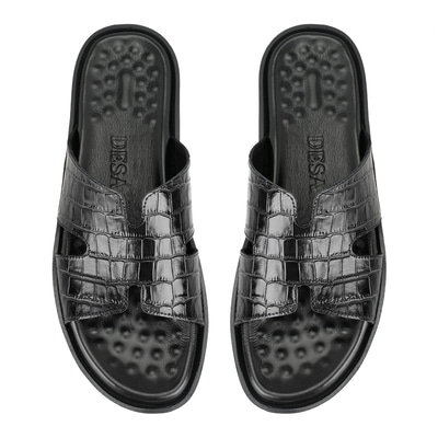 David Siyah Erkek Kroko Baskılı Deri Terlik