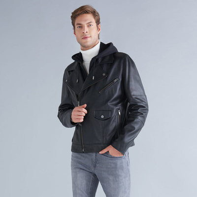 Elba Erkek Kapüşonlu Deri Ceket