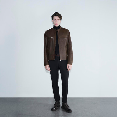 Erkek Kahve Hakim Yakalı Fit Deri Ceket